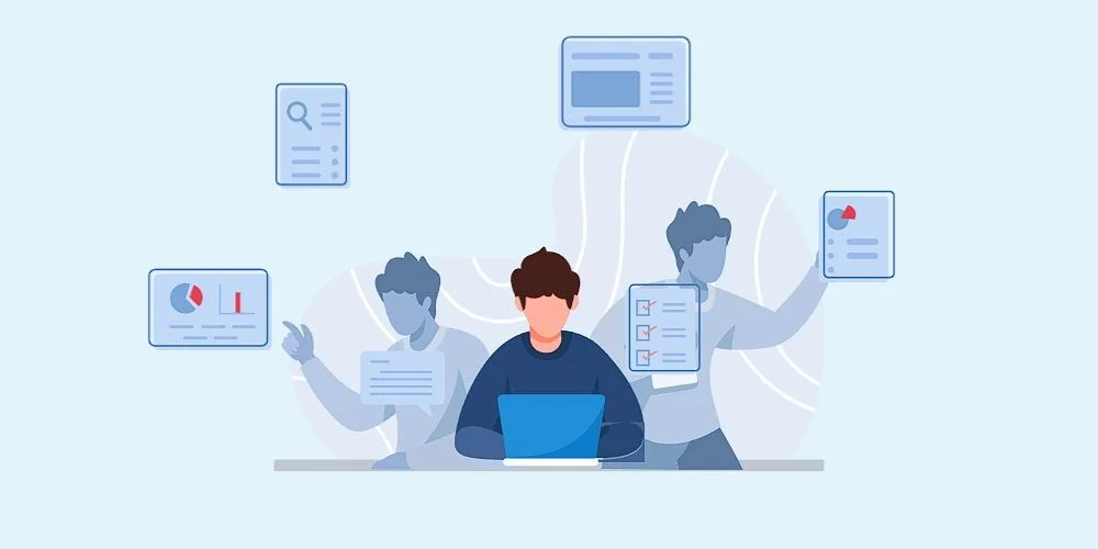 Cartoon of student studying multiple online courses